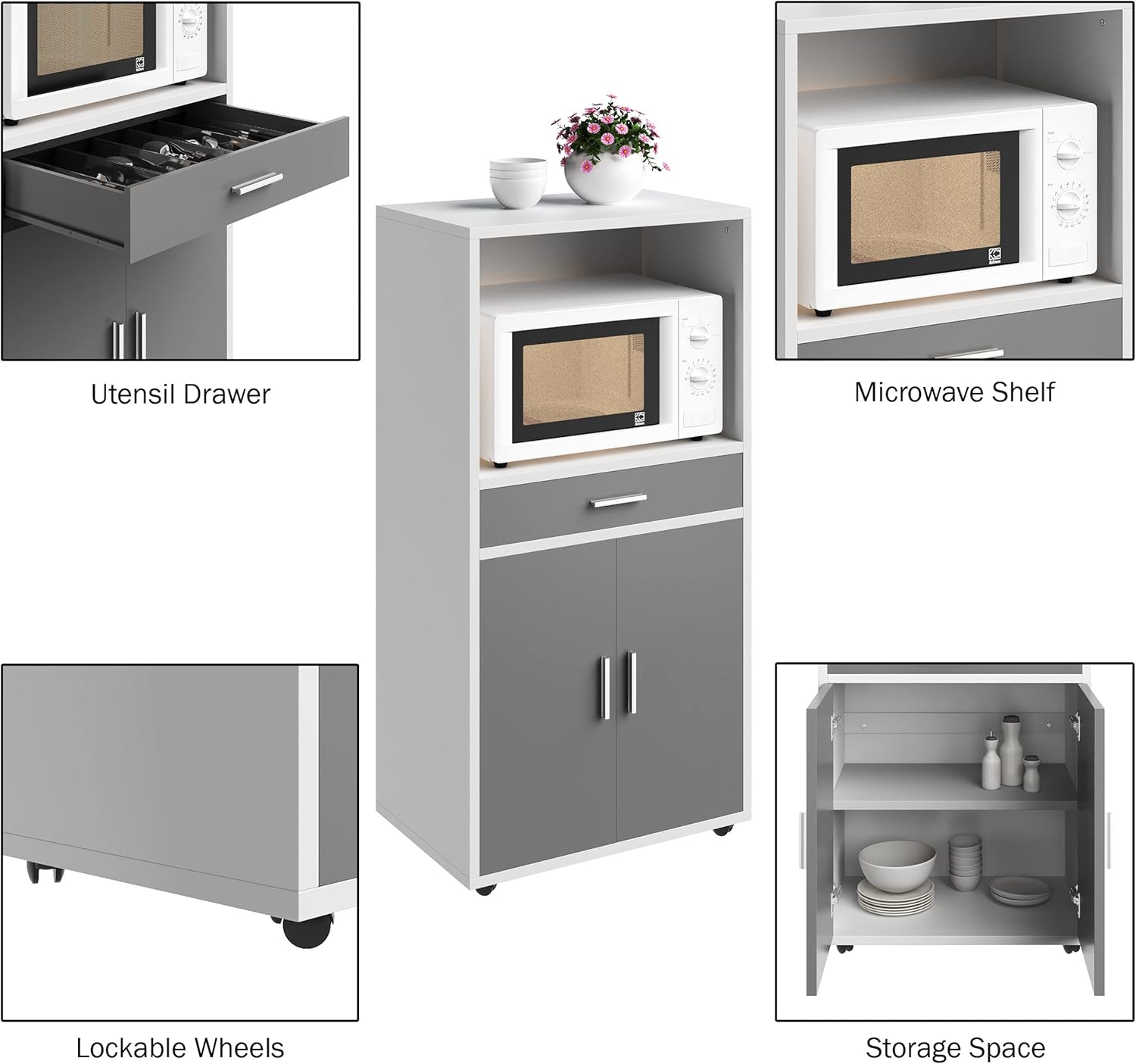 Microwave Stand with Drawer – White & Gray Rolling Kitchen Storage Cabinet with Doors & Locking Wheels, Freestanding Utility Shelf for Kenyan Homes