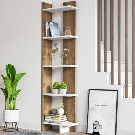 Sly 5-Tier Corner Bookcase – All-White Space-Saving Corner Bookshelf for Books, Plants & Home Décor