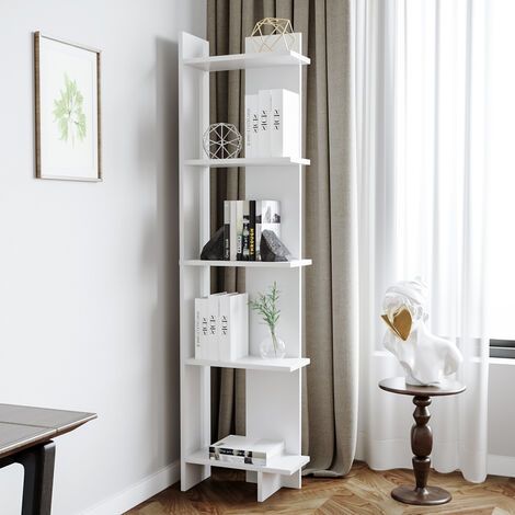 Sly 5-Tier Corner Bookcase – All-White Space-Saving Corner Bookshelf for Books, Plants & Home Décor