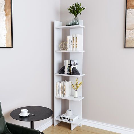 Sly 5-Tier Corner Bookcase – All-White Space-Saving Corner Bookshelf for Books, Plants & Home Décor