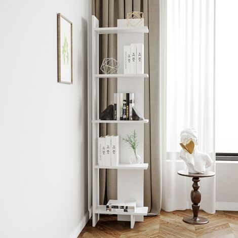 Sly 5-Tier Corner Bookcase – All-White Space-Saving Corner Bookshelf for Books, Plants & Home Décor