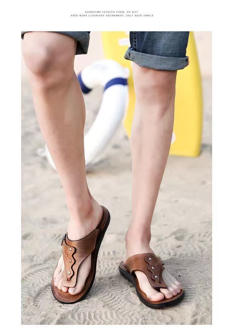 FEELING [New Hot Seller] Men's Flip-Flops Outdoor Beach Sandals Non-Slip Home Flip-Flops PU Leather Quick-Drying Lightweight Wear-Resistant