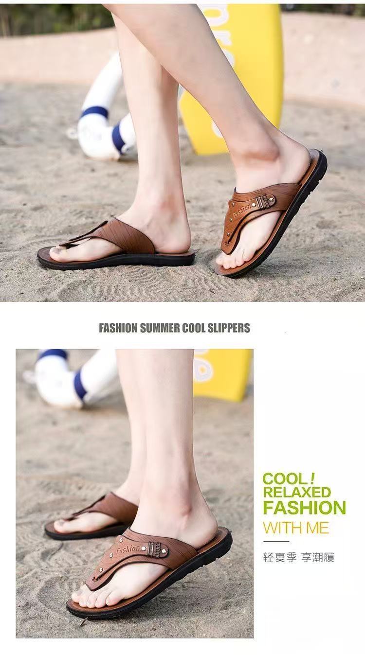 FEELING [New Hot Seller] Men's Flip-Flops Outdoor Beach Sandals Non-Slip Home Flip-Flops PU Leather Quick-Drying Lightweight Wear-Resistant
