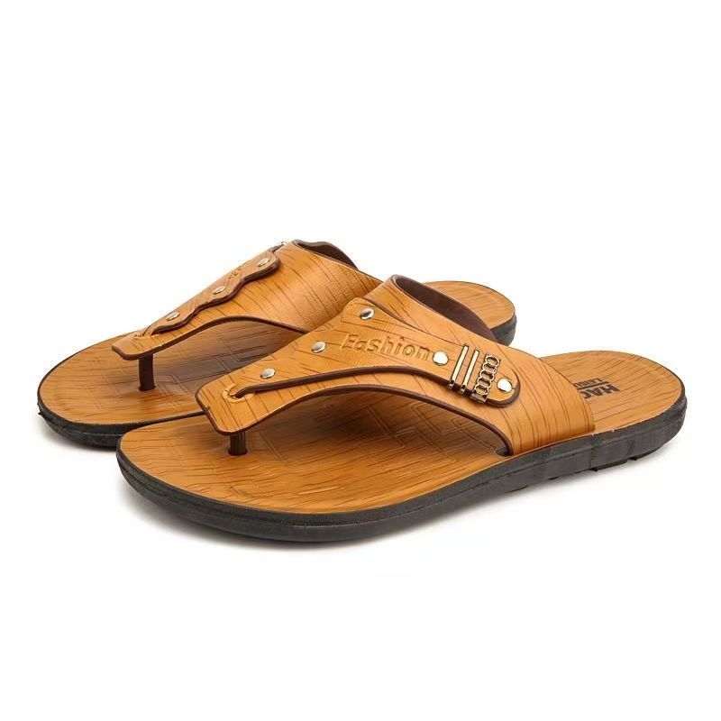 FEELING [New Hot Seller] Men's Flip-Flops Outdoor Beach Sandals Non-Slip Home Flip-Flops PU Leather Quick-Drying Lightweight Wear-Resistant