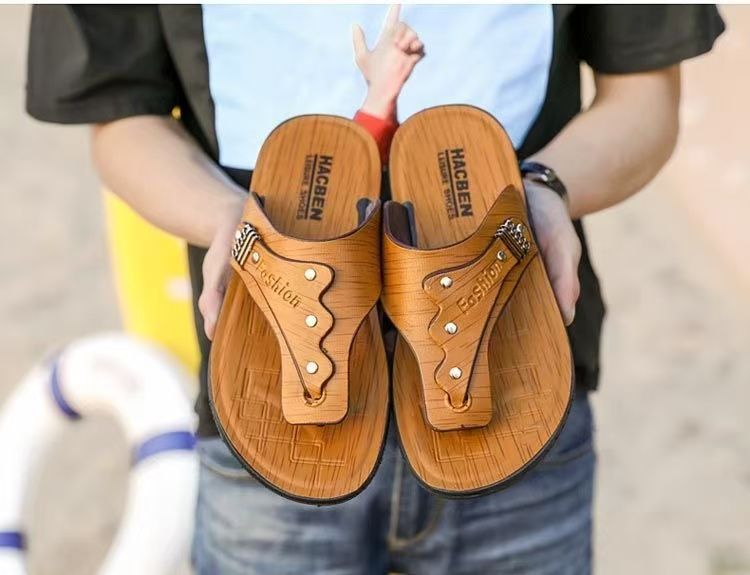 FEELING [New Hot Seller] Men's Flip-Flops Outdoor Beach Sandals Non-Slip Home Flip-Flops PU Leather Quick-Drying Lightweight Wear-Resistant