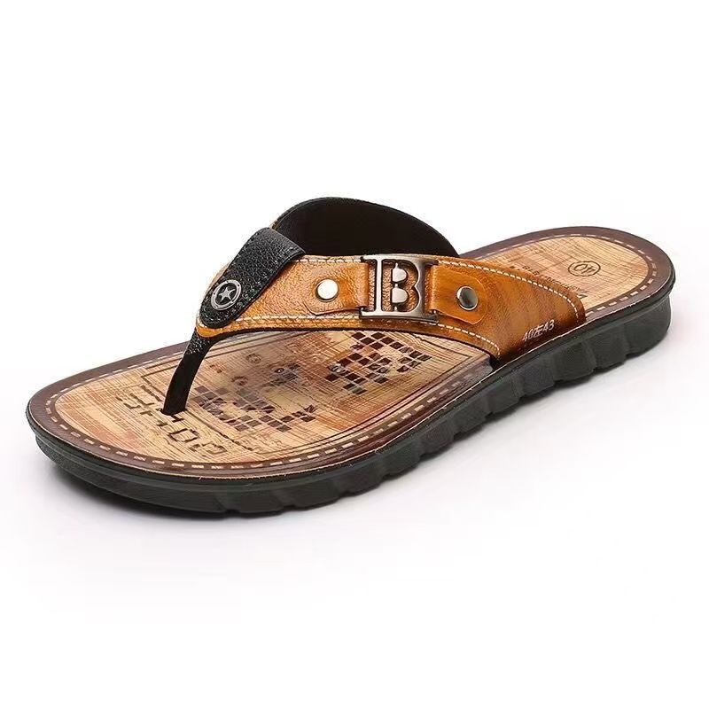 FEELING Sizes 40-45 [New Hot Selling] Men's British Style Flip-Flops Beach Shoes Casual Indoor and Outdoor Dual-Use Sandals Non-Slip Waterproof Wear-Resistant Quick-Drying