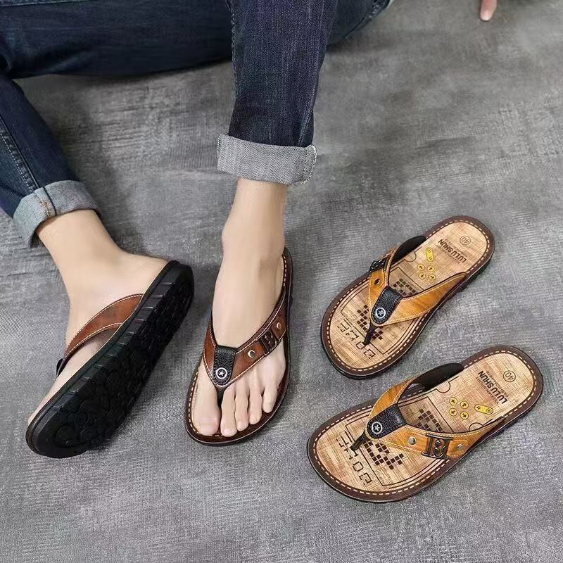 FEELING Sizes 40-45 [New Hot Selling] Men's British Style Flip-Flops Beach Shoes Casual Indoor and Outdoor Dual-Use Sandals Non-Slip Waterproof Wear-Resistant Quick-Drying