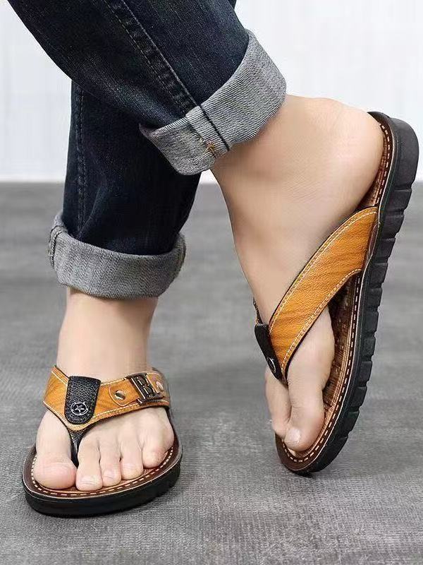 FEELING Sizes 40-45 [New Hot Selling] Men's British Style Flip-Flops Beach Shoes Casual Indoor and Outdoor Dual-Use Sandals Non-Slip Waterproof Wear-Resistant Quick-Drying