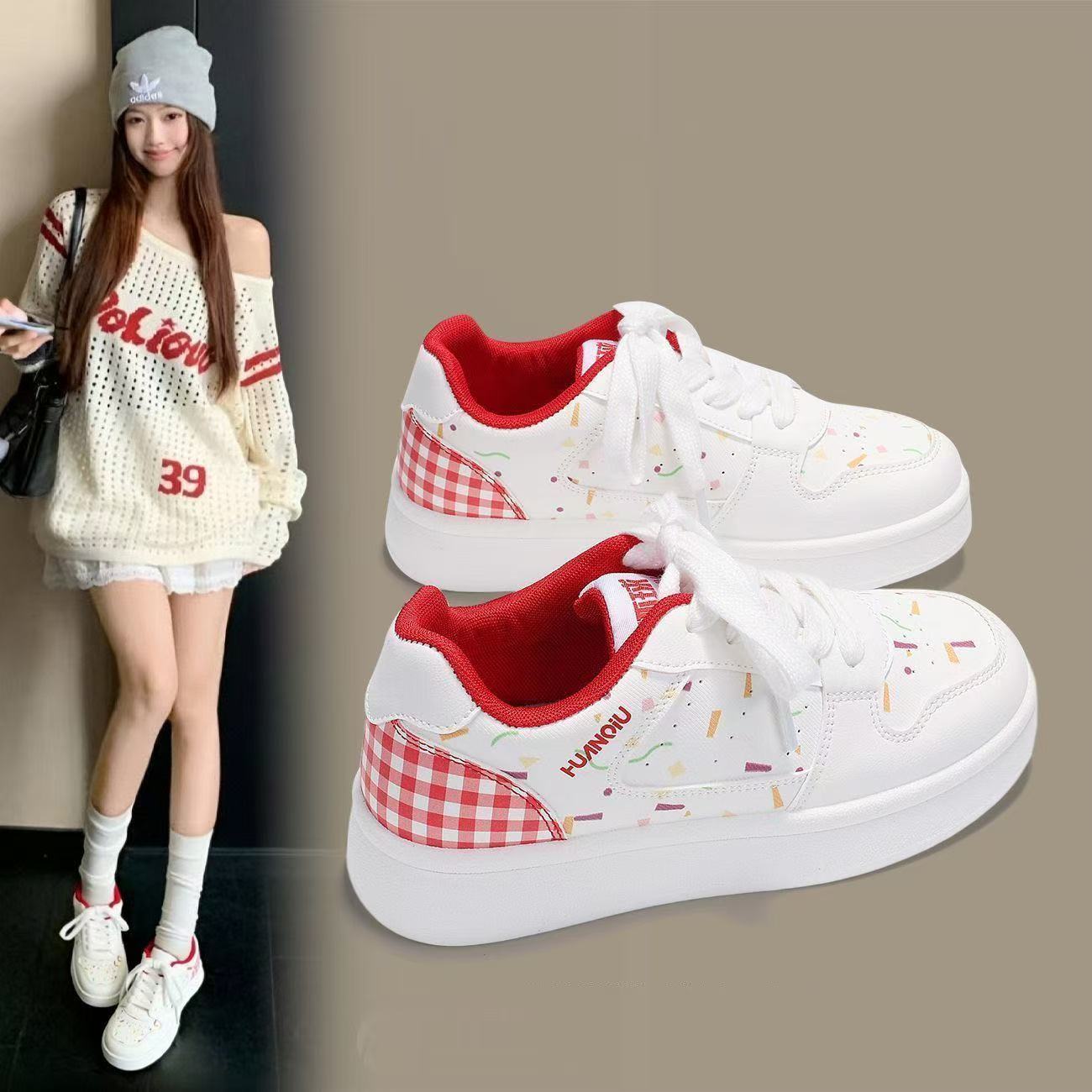FEELNG [New Hot Selling] Stylish Super Girly Women's Sneakers, PU Leather, White Sneakers, Printed Plaid Design, Comfortable and Breathable