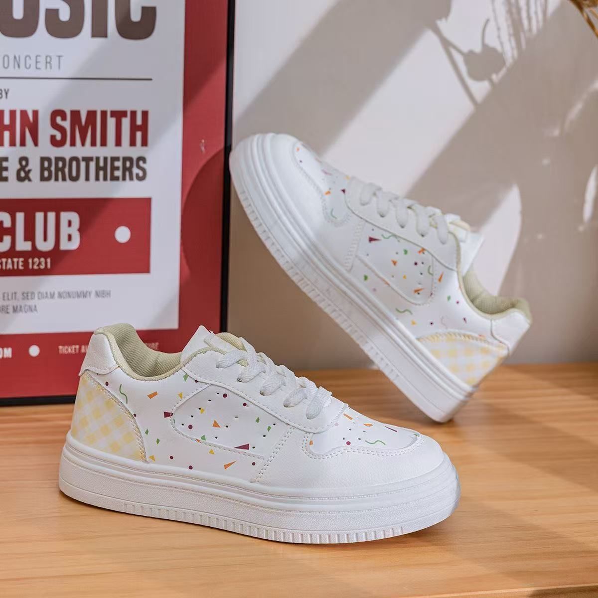 FEELNG [New Hot Selling] Stylish Super Girly Women's Sneakers, PU Leather, White Sneakers, Printed Plaid Design, Comfortable and Breathable