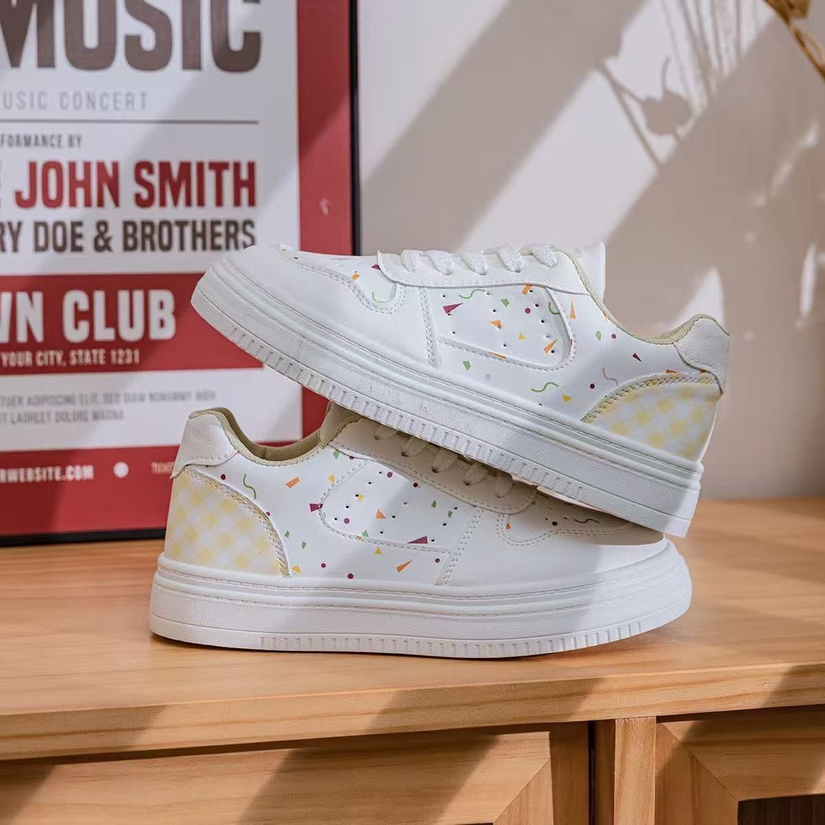 FEELNG [New Hot Selling] Stylish Super Girly Women's Sneakers, PU Leather, White Sneakers, Printed Plaid Design, Comfortable and Breathable