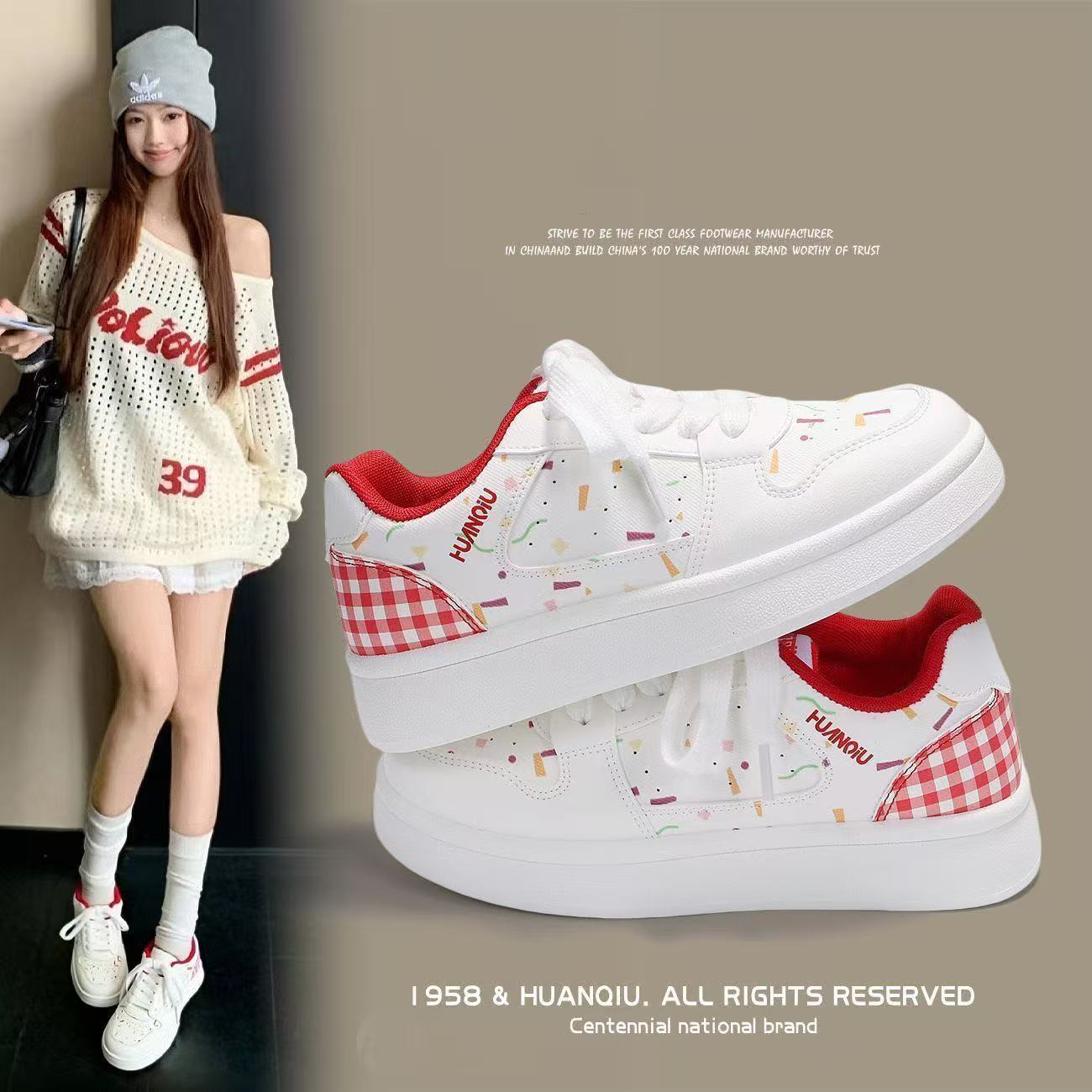FEELNG [New Hot Selling] Stylish Super Girly Women's Sneakers, PU Leather, White Sneakers, Printed Plaid Design, Comfortable and Breathable