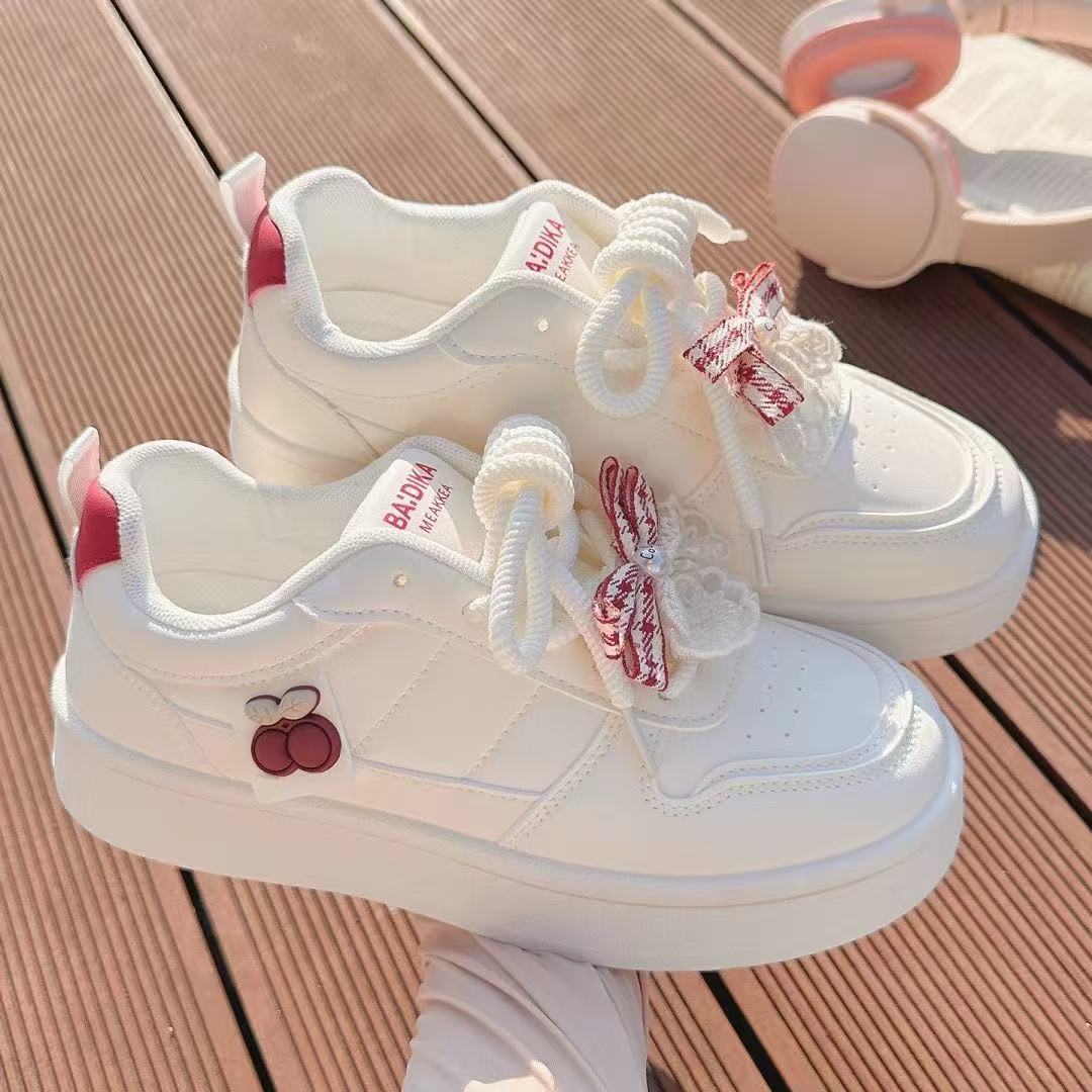 FEELING [New Hot Selling] Fashionable Super Girl Series Women's Sneakers Artificial Leather Bow Lace-up Design High-Value Women's Shoes White Sneakers