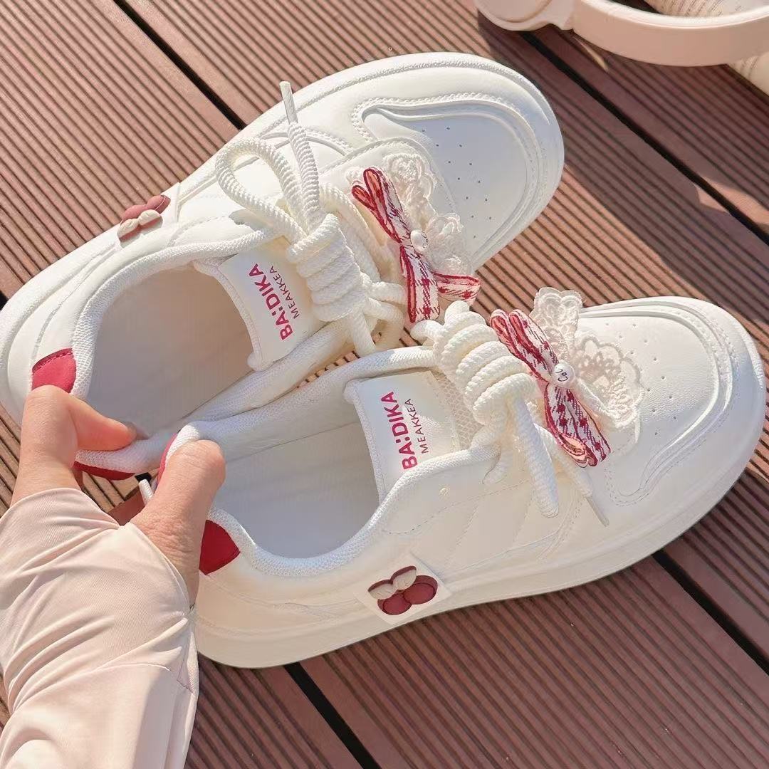 FEELING [New Hot Selling] Fashionable Super Girl Series Women's Sneakers Artificial Leather Bow Lace-up Design High-Value Women's Shoes White Sneakers
