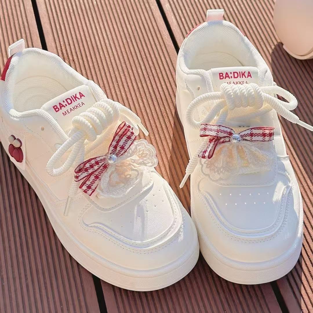 FEELING [New Hot Selling] Fashionable Super Girl Series Women's Sneakers Artificial Leather Bow Lace-up Design High-Value Women's Shoes White Sneakers