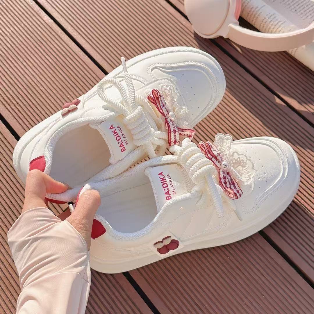 FEELING [New Hot Selling] Fashionable Super Girl Series Women's Sneakers Artificial Leather Bow Lace-up Design High-Value Women's Shoes White Sneakers