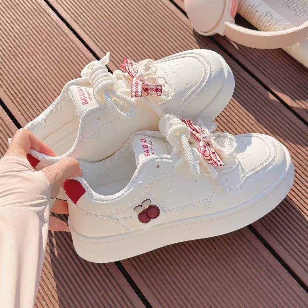 FEELING [New Hot Selling] Fashionable Super Girl Series Women's Sneakers Artificial Leather Bow Lace-up Design High-Value Women's Shoes White Sneakers