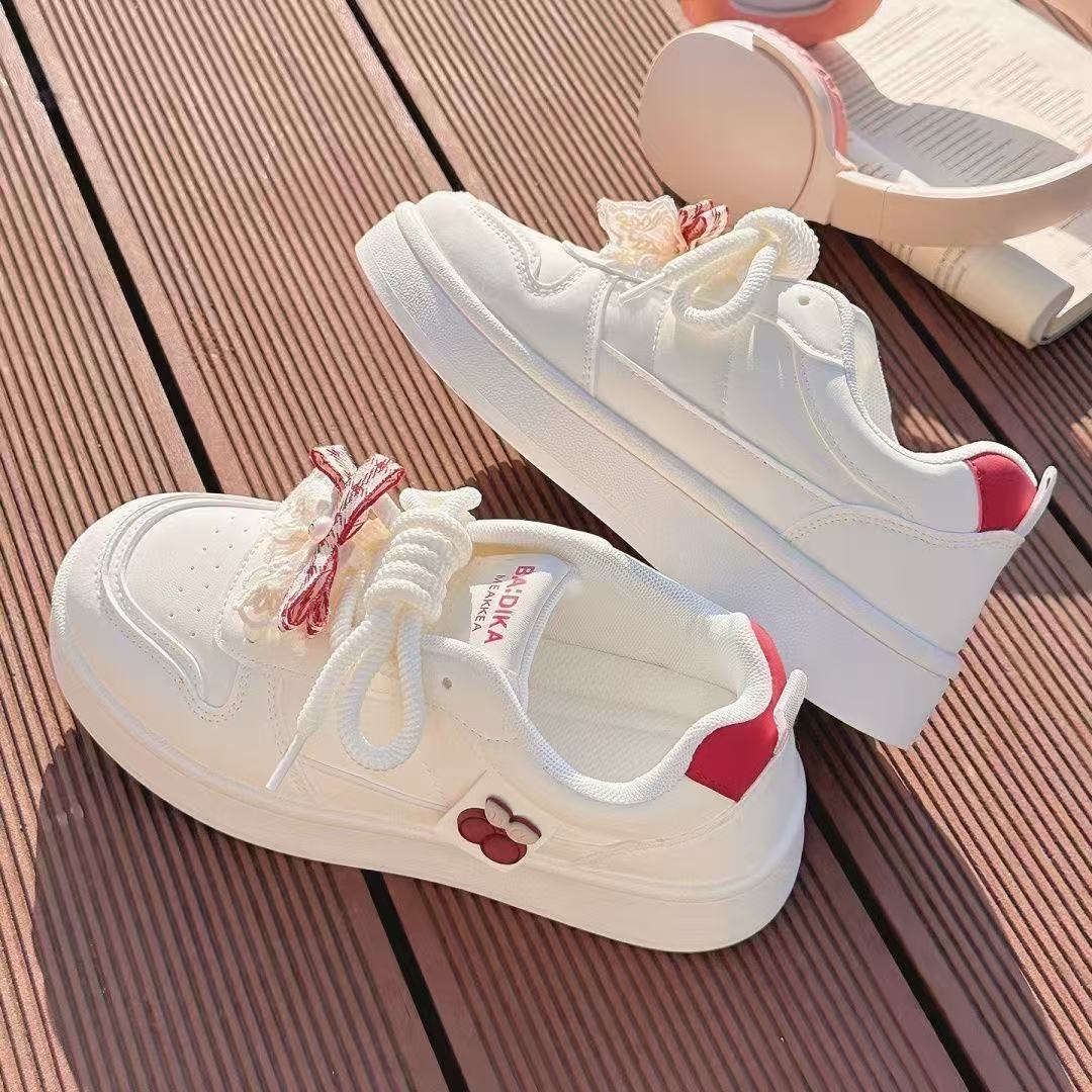 FEELING [New Hot Selling] Fashionable Super Girl Series Women's Sneakers Artificial Leather Bow Lace-up Design High-Value Women's Shoes White Sneakers