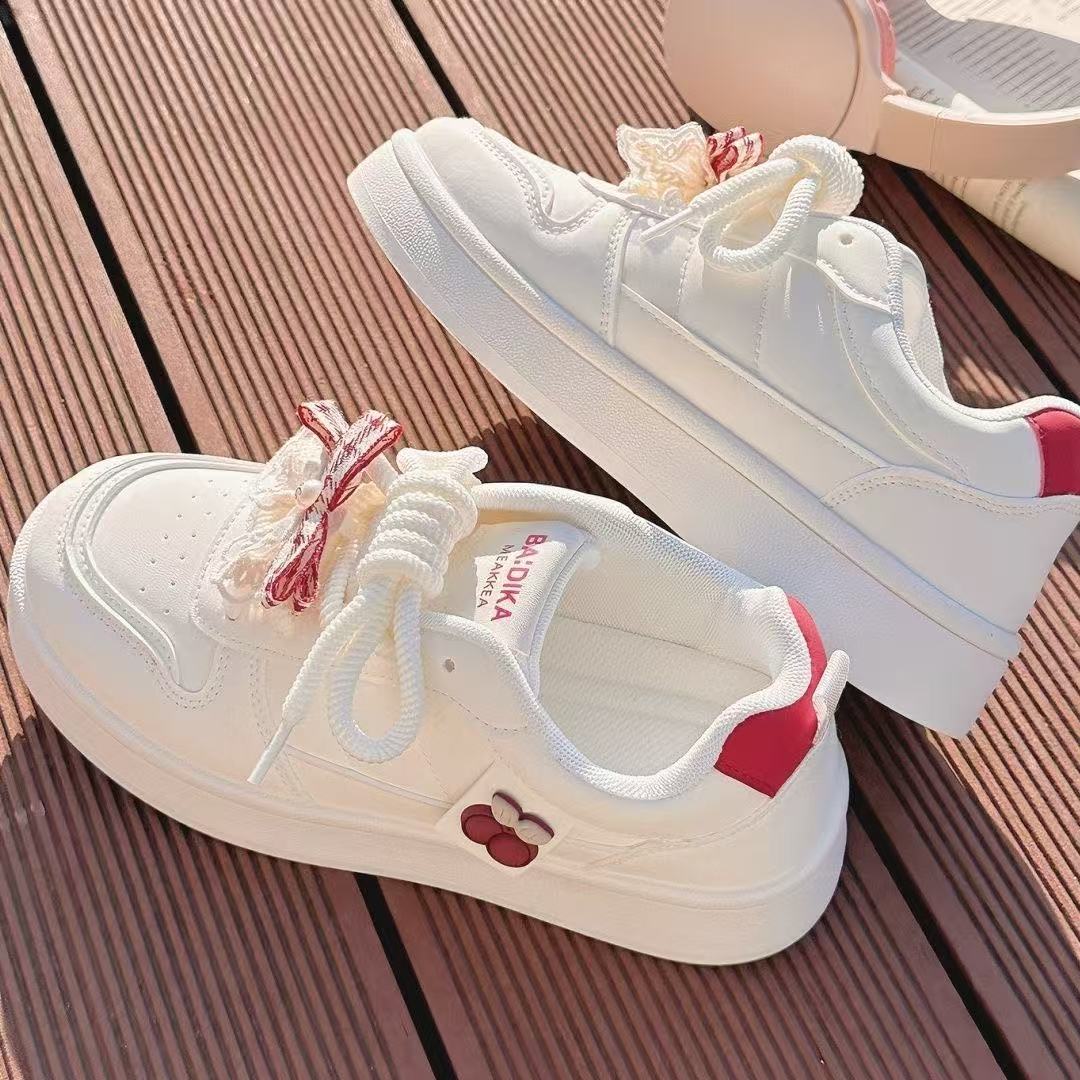 FEELING [New Hot Selling] Fashionable Super Girl Series Women's Sneakers Artificial Leather Bow Lace-up Design High-Value Women's Shoes White Sneakers