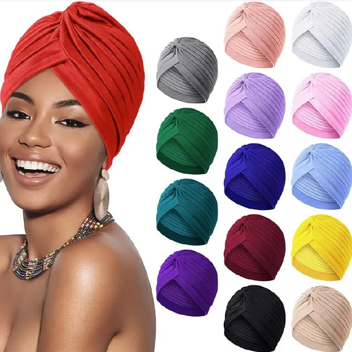 Stretch Turbans Head Beanie Cover Twisted Pleated Headwrap Hair Cover Beanie Hats for Women Girls