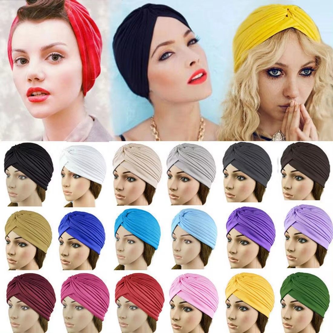 Stretch Turbans Head Beanie Cover Twisted Pleated Headwrap Hair Cover Beanie Hats for Women Girls
