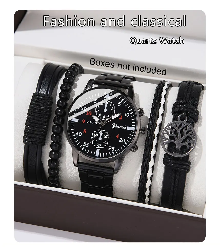 5PCS Set Fashion Mens Sports Watches Man Business Quartz Wristwatch Luxury Leather Bracelet Men Casual Clock Watch