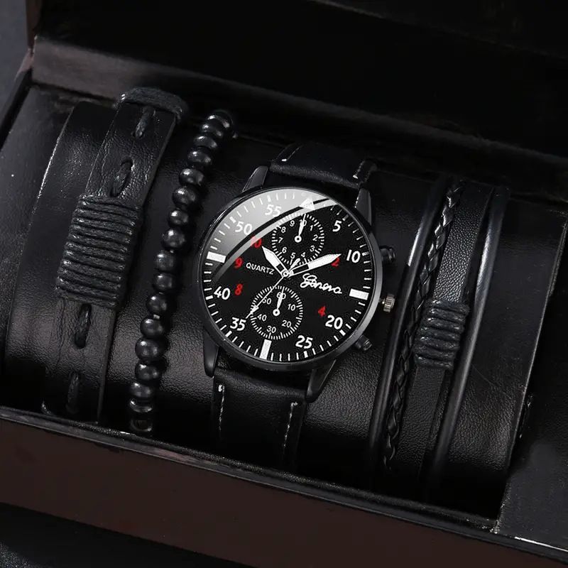 5PCS Set Fashion Mens Sports Watches Man Business Quartz Wristwatch Luxury Leather Bracelet Men Casual Clock Watch