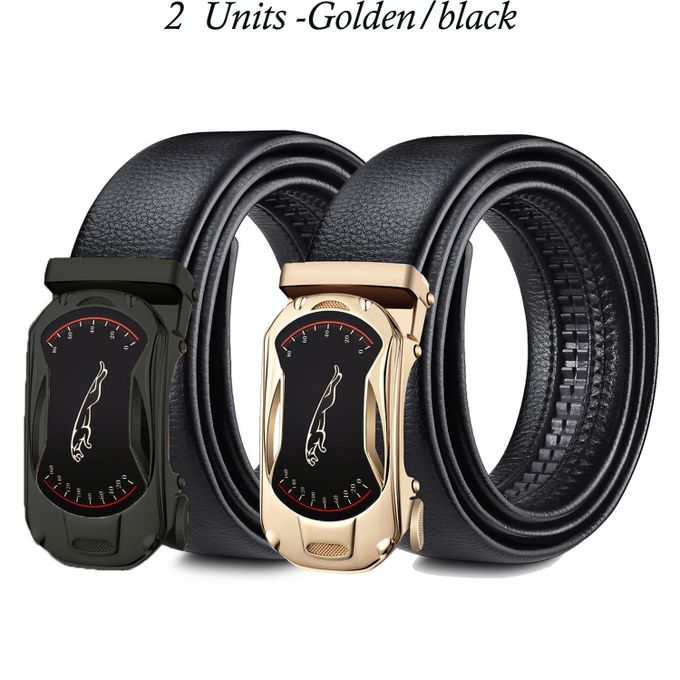 2pcs/set Leather Automatic Buckle Belt - Black And Golden