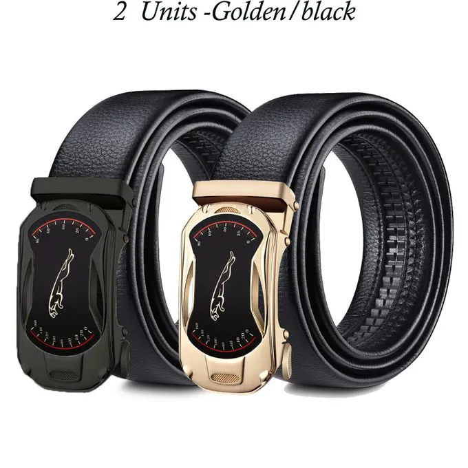2pcs/set Leather Automatic Buckle Belt - Black And Golden