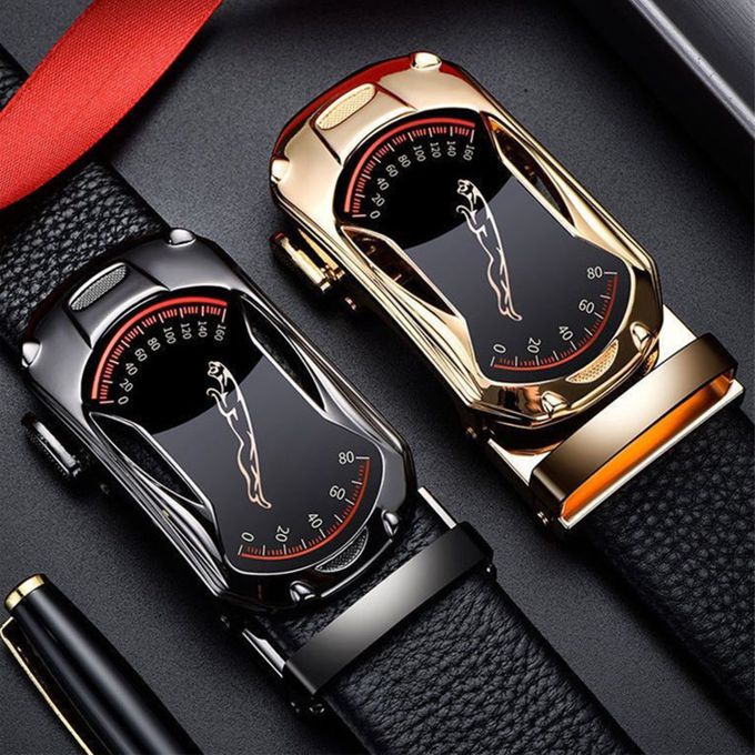 2pcs/set Leather Automatic Buckle Belt - Black And Golden