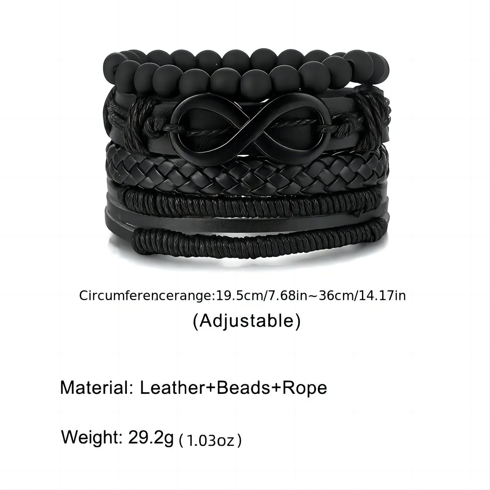 6Pcs/Set Fashionable Pu Leather '8' Shape Beaded Bracelet With Mechanical Watch, Cross Pendant Necklace For Men, Black-Colored