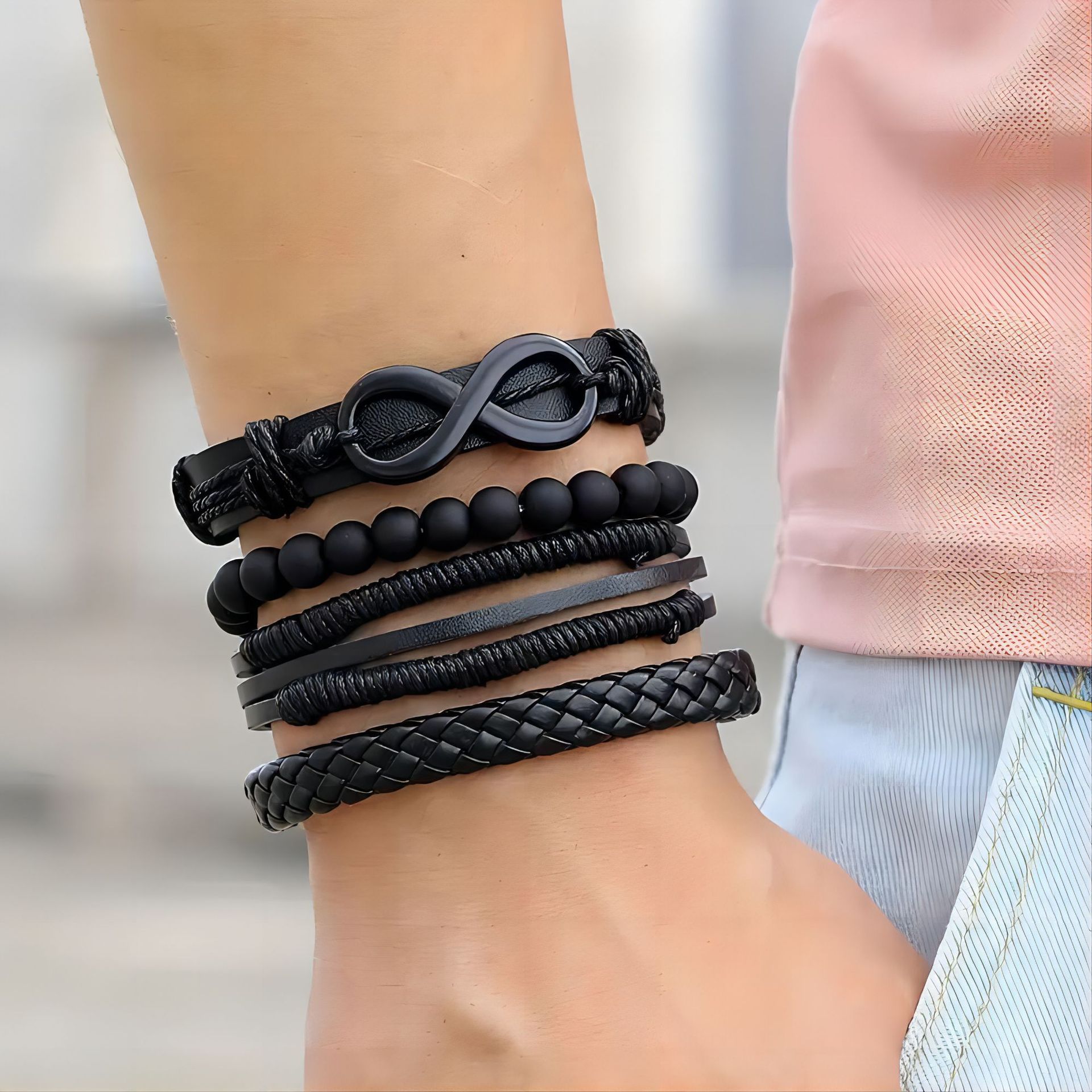 6Pcs/Set Fashionable Pu Leather '8' Shape Beaded Bracelet With Mechanical Watch, Cross Pendant Necklace For Men, Black-Colored
