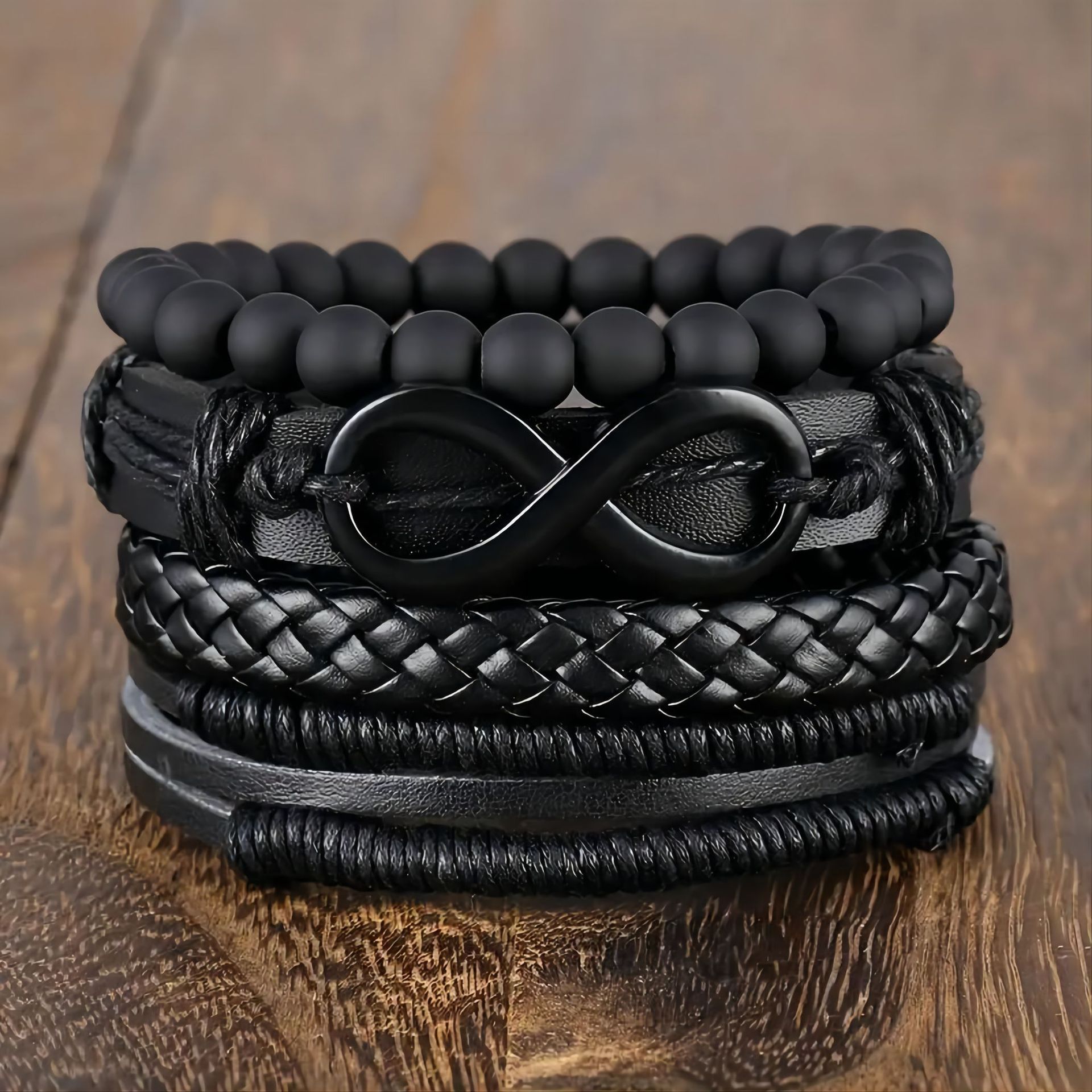6Pcs/Set Fashionable Pu Leather '8' Shape Beaded Bracelet With Mechanical Watch, Cross Pendant Necklace For Men, Black-Colored
