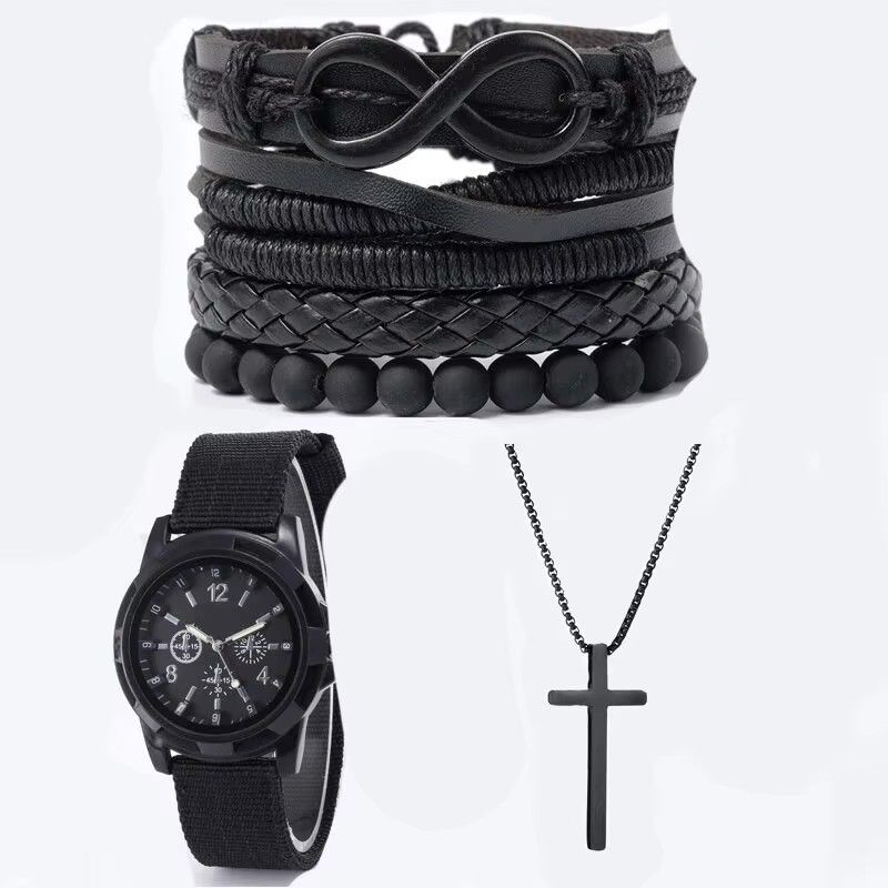 6Pcs/Set Fashionable Pu Leather '8' Shape Beaded Bracelet With Mechanical Watch, Cross Pendant Necklace For Men, Black-Colored