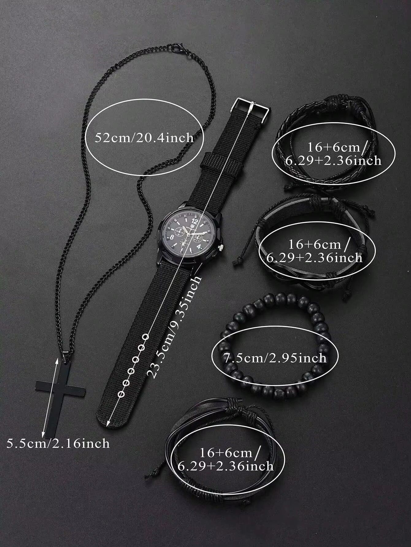 6Pcs/Set Fashionable Pu Leather '8' Shape Beaded Bracelet With Mechanical Watch, Cross Pendant Necklace For Men, Black-Colored