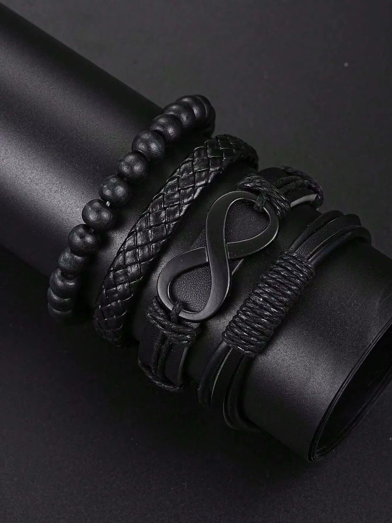 6Pcs/Set Fashionable Pu Leather '8' Shape Beaded Bracelet With Mechanical Watch, Cross Pendant Necklace For Men, Black-Colored