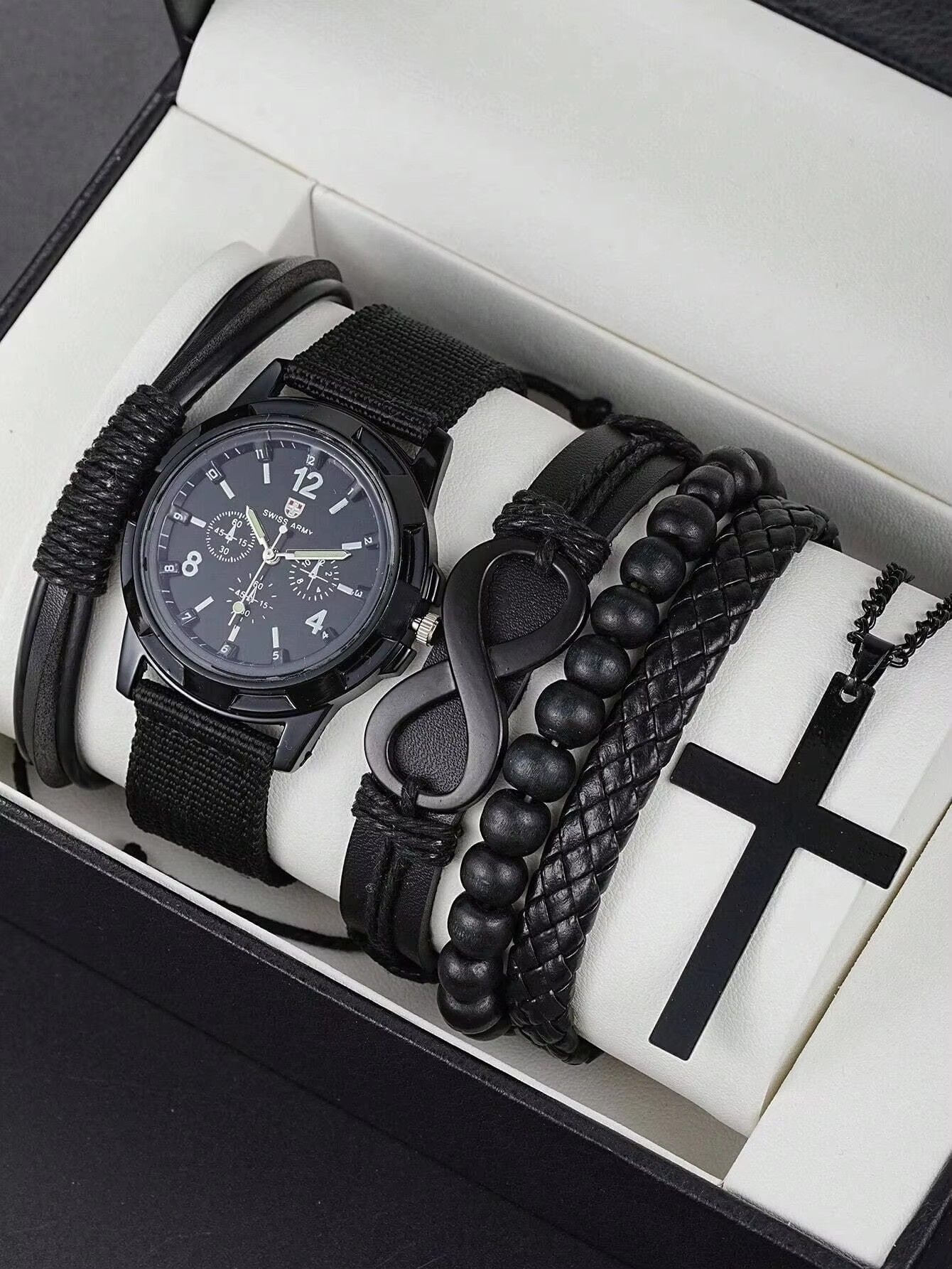 6Pcs/Set Fashionable Pu Leather '8' Shape Beaded Bracelet With Mechanical Watch, Cross Pendant Necklace For Men, Black-Colored