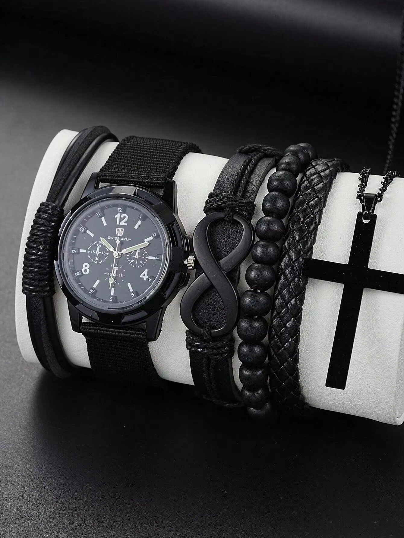 6Pcs/Set Fashionable Pu Leather '8' Shape Beaded Bracelet With Mechanical Watch, Cross Pendant Necklace For Men, Black-Colored