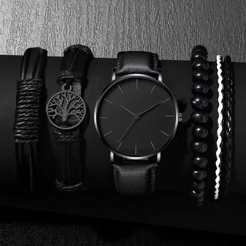 5PCS Set Fashion Mens Sports Watches Man Business Quartz Wristwatch Luxury Leather Bracelet Men Casual Clock Watch