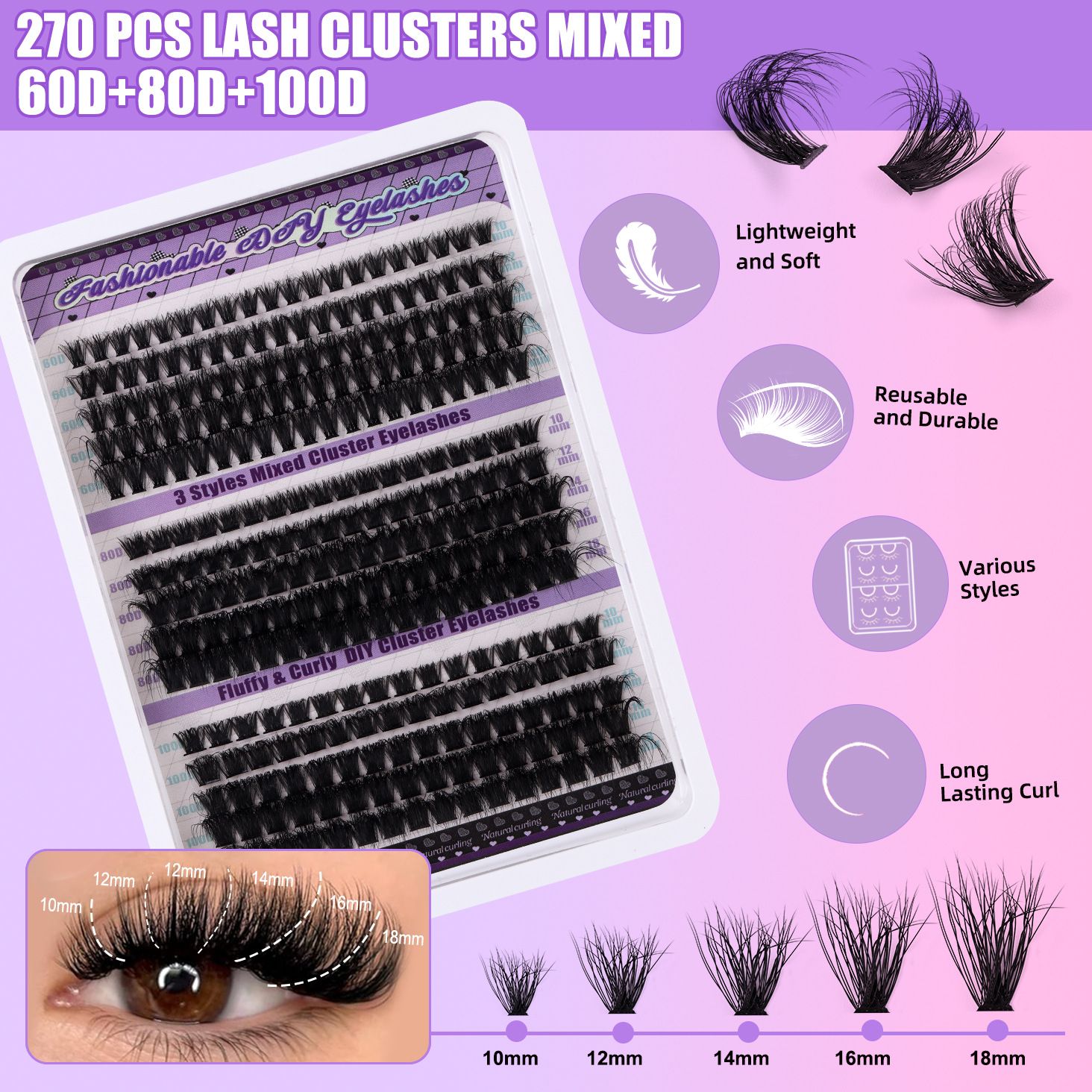 DIY Segmented false eyelash set, large capacity dense single cluster of false eyelashes（30D/40D/50D/60D/80D/100D）