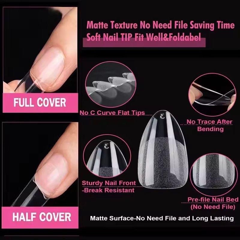 240Pcs/Box Half Matte XS Almond Nail Tips Full Cover Soft Gel False Artificial Nails Extension Perfect for Extra Short Nail Bed