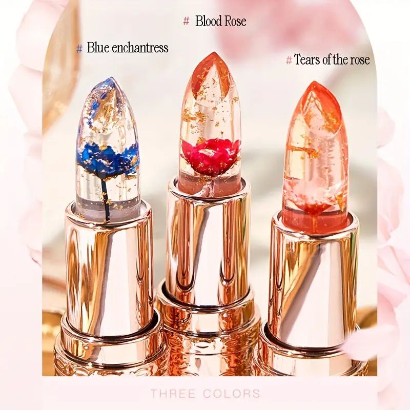 Jelly Color Changing Lip Balm - Petals Flowers Moisturizing Lipstick, Smooth Glossy Lips, Transparent And Temperature Changing