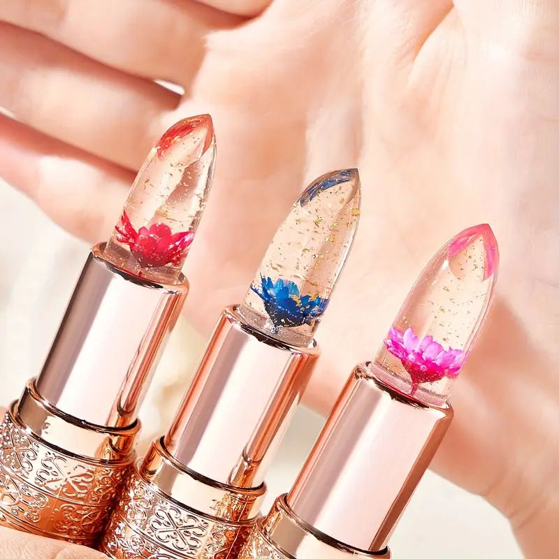 Jelly Color Changing Lip Balm - Petals Flowers Moisturizing Lipstick, Smooth Glossy Lips, Transparent And Temperature Changing