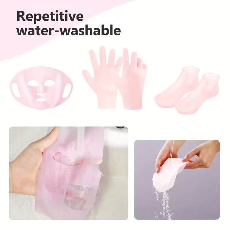 Set of 3 Silicone Moisturizing Items ---Reusable 3D Face Masks, Nail Care Gloves & Hydrating Socks Skincare Accessories, Prevents Evaporation, Non-Slip And Secure Mask Strap, Beauty Tools for Dry Skin