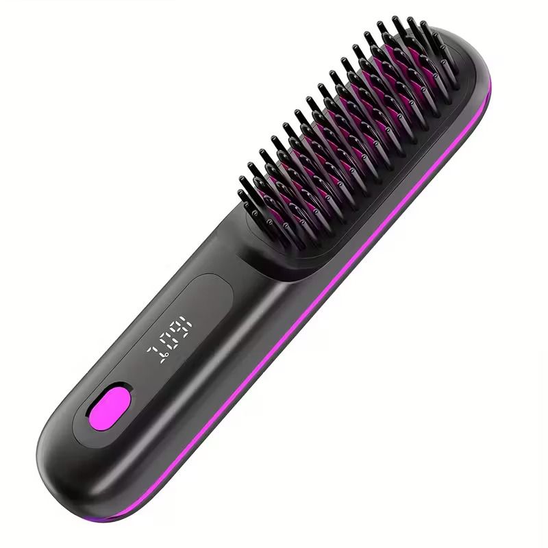 Wireless Straightening Comb | 2-In-1 Curl & Straighten, Quick Heating, Suitable for All Hair Types, Anti-Scald Design, Led Digital Display, Usb Rechargeable, Automatic Power-Off, Lightweight  Portable