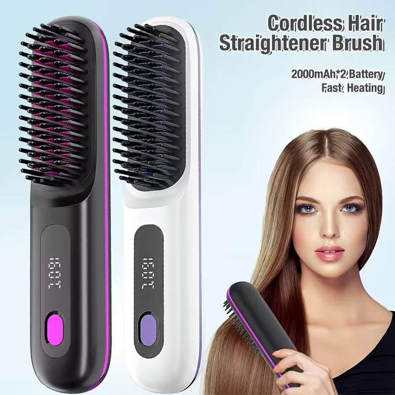 Wireless Straightening Comb | 2-In-1 Curl & Straighten, Quick Heating, Suitable for All Hair Types, Anti-Scald Design, Led Digital Display, Usb Rechargeable, Automatic Power-Off, Lightweight  Portable