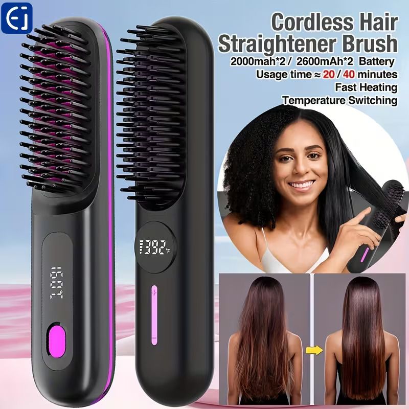 Wireless Straightening Comb | 2-In-1 Curl & Straighten, Quick Heating, Suitable for All Hair Types, Anti-Scald Design, Led Digital Display, Usb Rechargeable, Automatic Power-Off, Lightweight  Portable