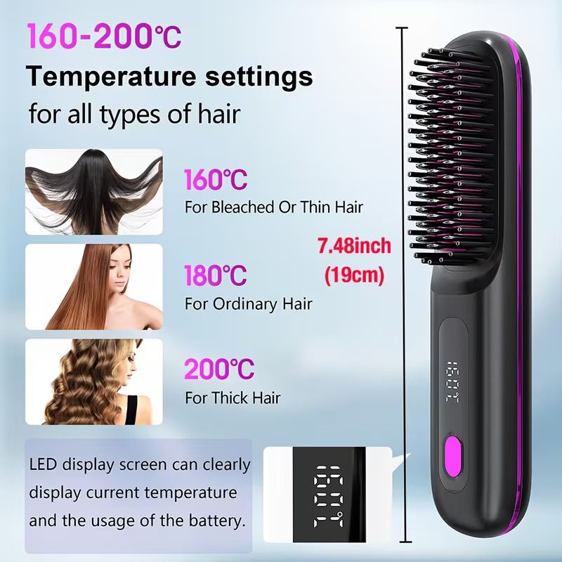 Wireless Straightening Comb | 2-In-1 Curl & Straighten, Quick Heating, Suitable for All Hair Types, Anti-Scald Design, Led Digital Display, Usb Rechargeable, Automatic Power-Off, Lightweight  Portable