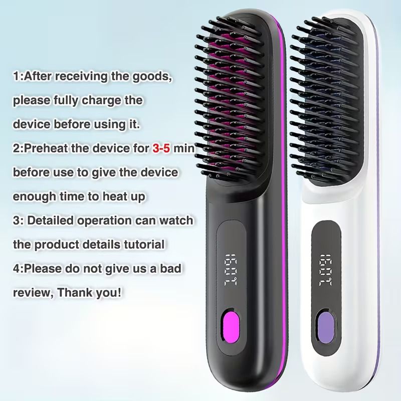 Wireless Straightening Comb | 2-In-1 Curl & Straighten, Quick Heating, Suitable for All Hair Types, Anti-Scald Design, Led Digital Display, Usb Rechargeable, Automatic Power-Off, Lightweight  Portable