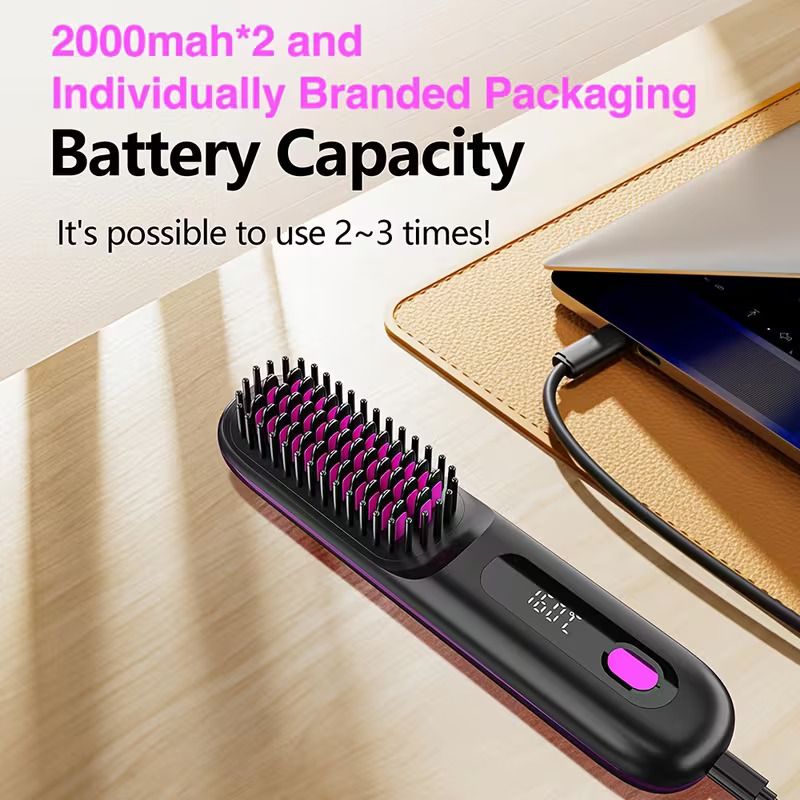 Wireless Straightening Comb | 2-In-1 Curl & Straighten, Quick Heating, Suitable for All Hair Types, Anti-Scald Design, Led Digital Display, Usb Rechargeable, Automatic Power-Off, Lightweight  Portable